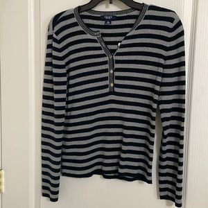 Chaps Woman’s Large Ribbed Fitted Striped Gray Black Long Sleeve Top